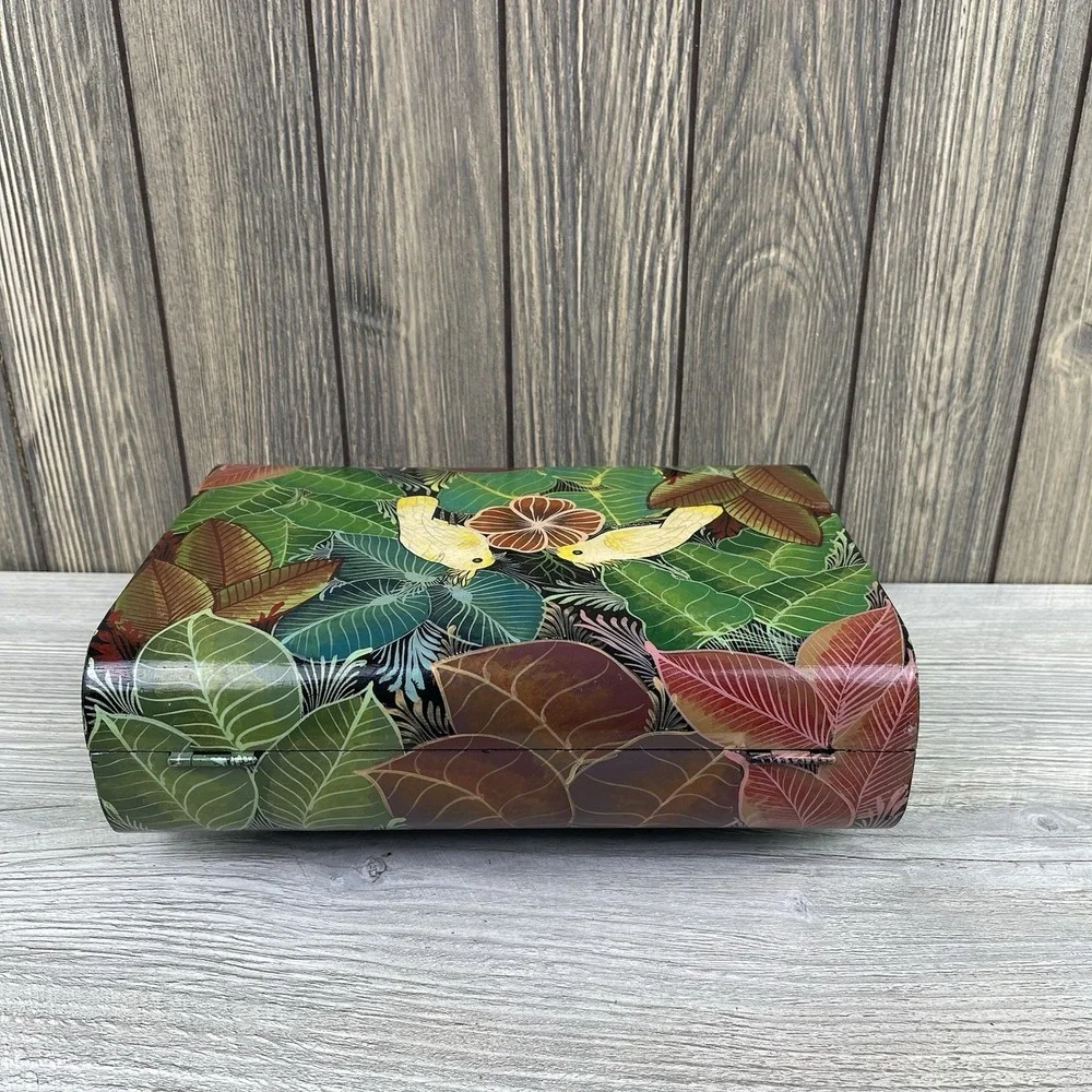 Vintage Hand Painted Wooden Box Parrot Floral Jewelry Storage Trinket